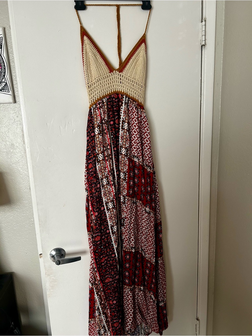 Forever 21 Cream Crochet Bodice Red Patterned Maxi Dress